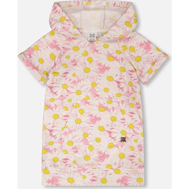 French Terry Hooded Dress, Pink Printed Daisies
