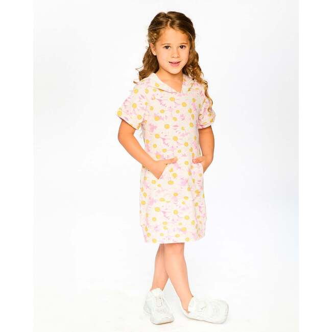French Terry Hooded Dress, Pink Printed Daisies