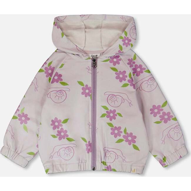 French Terry Hooded Cardigan, Lilac Snails Print