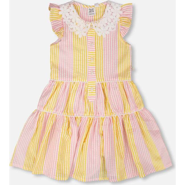 Flutter Sleeve Dress With Crochet Peter Pan Collar, Pink & Yellow Stripes