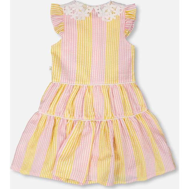 Flutter Sleeve Dress With Crochet Peter Pan Collar, Pink & Yellow Stripes