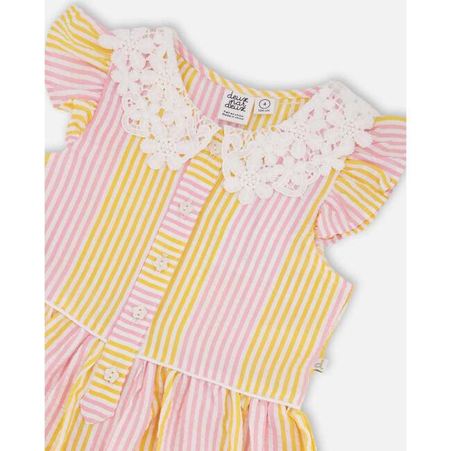 Flutter Sleeve Dress With Crochet Peter Pan Collar, Pink & Yellow Stripes - Dresses - 3