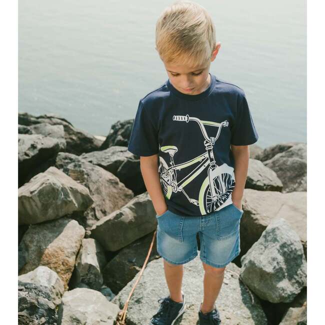 French Terry Denim Shorts, Light Blue Denim