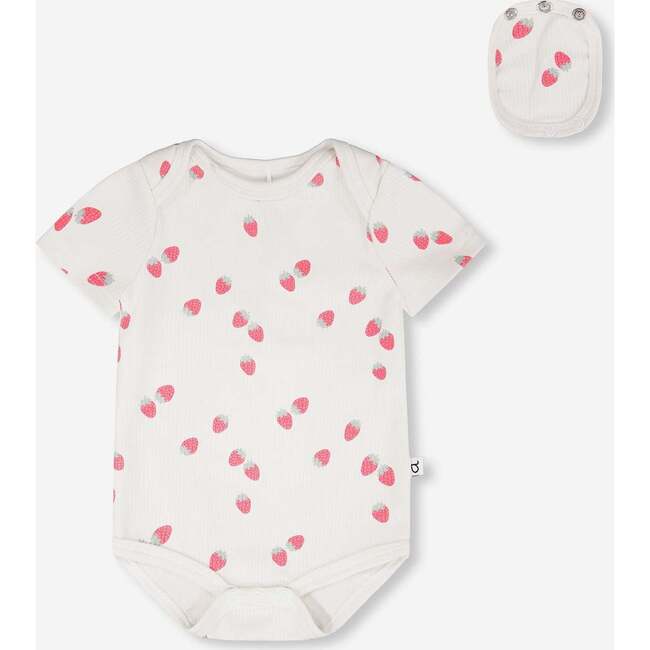 Evolutive Cotton Rib Jersey Onesie, White Printed Strawberries