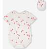 Evolutive Cotton Rib Jersey Onesie, White Printed Strawberries - Onesies - 1 - thumbnail