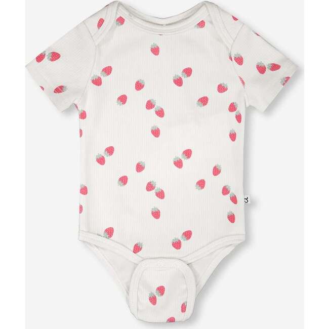 Evolutive Cotton Rib Jersey Onesie, White Printed Strawberries