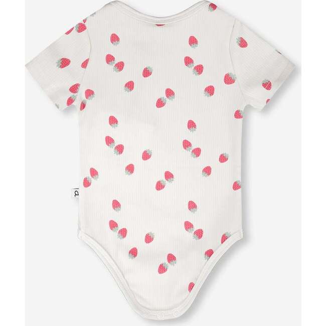 Evolutive Cotton Rib Jersey Onesie, White Printed Strawberries - Onesies - 3