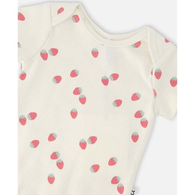 Evolutive Cotton Rib Jersey Onesie, White Printed Strawberries - Onesies - 4