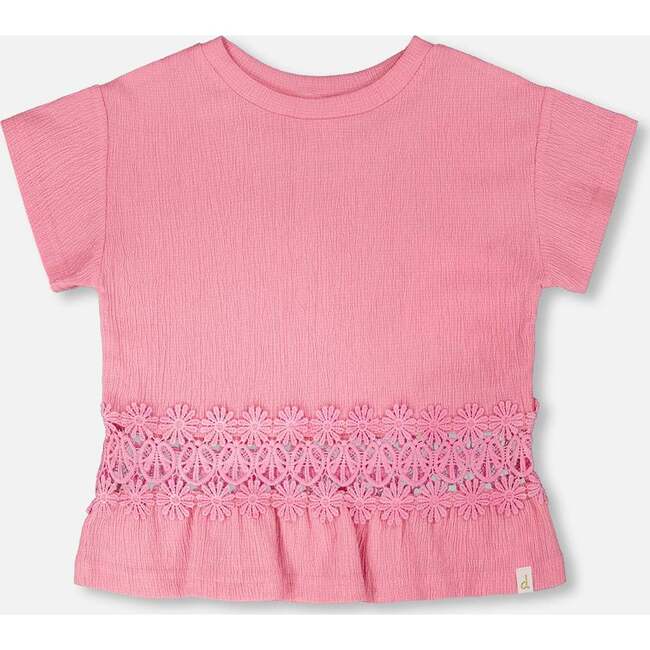 Crinkle Jersey Long T-Shirt With Crochet Insert, Pink