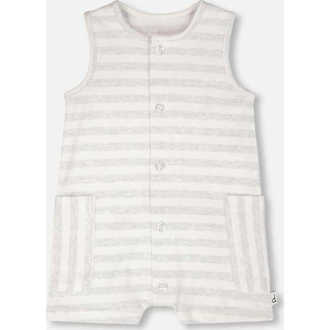Cotton Striped Romper, White & Grey Stripes
