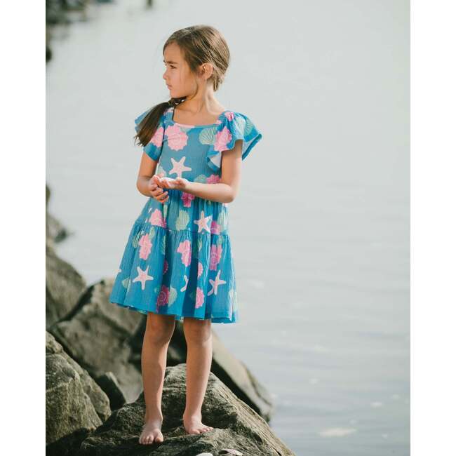 Crinkle Jersey Dress, Blue Seashell Print - Dresses - 3