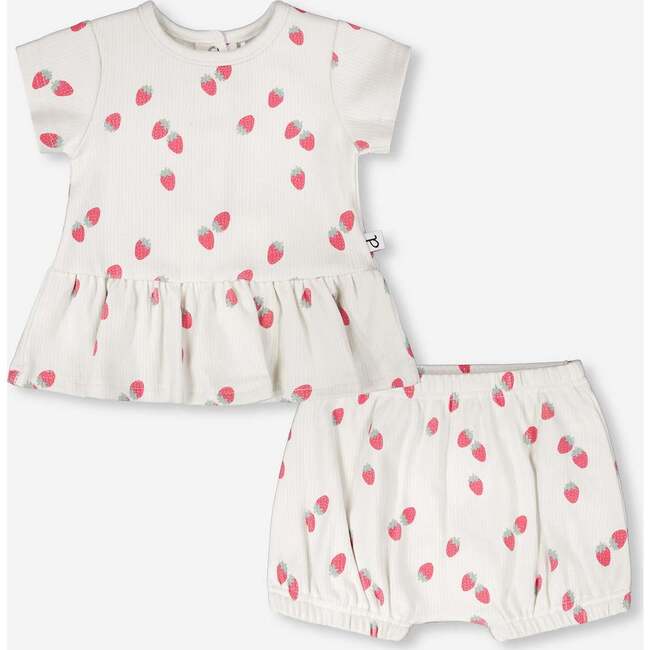 Cotton Rib Jersey Top And Short Set, White Printed Strawberries