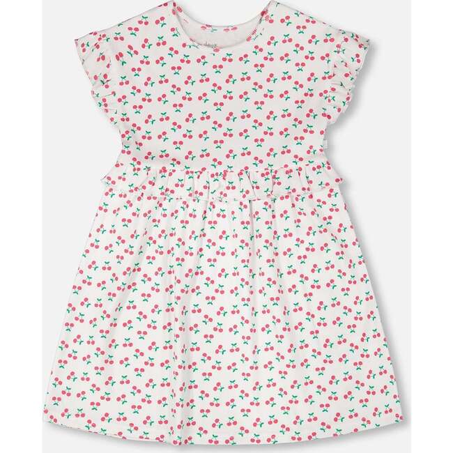 Cotton Rib Dress, White With Cherry Print