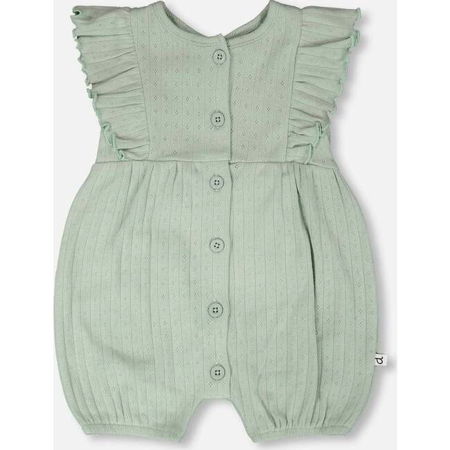 Cotton Pointelle Jersey Romper With Frills, Green