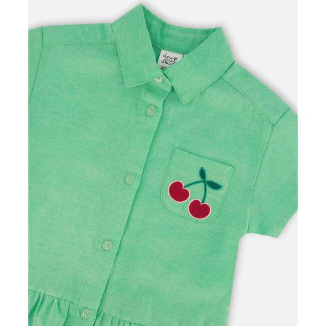 Cotton Shirt Dress With Embroidery, Green - Dresses - 4