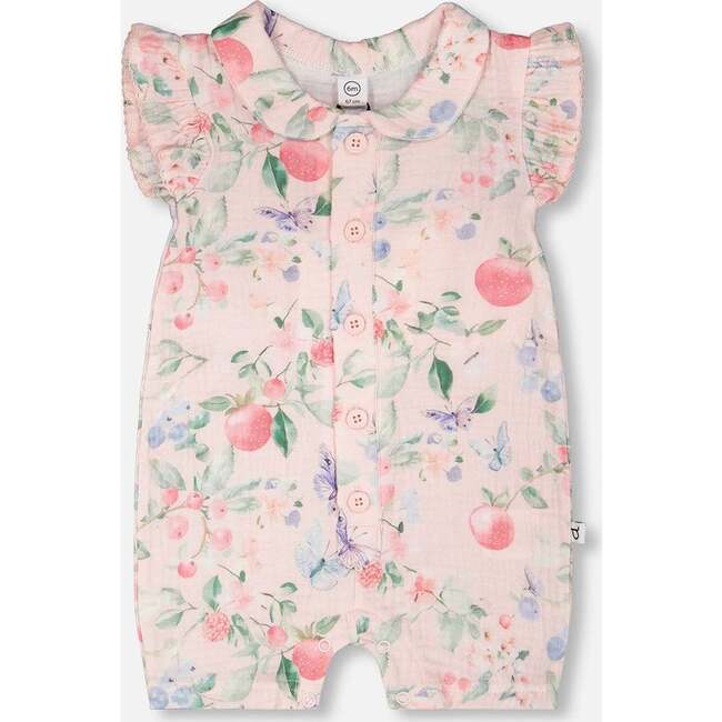 Cotton Muslin Romper, Pink Printed Berries