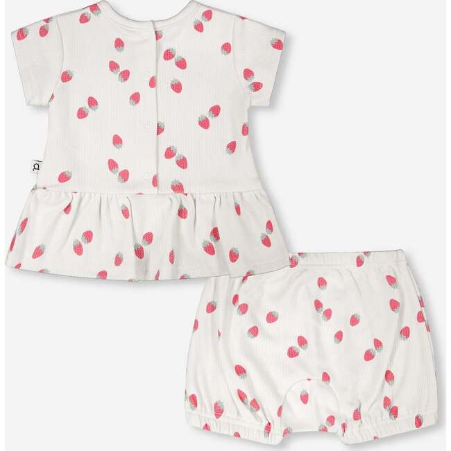 Cotton Rib Jersey Top And Short Set, White Printed Strawberries - Mixed Apparel Set - 4