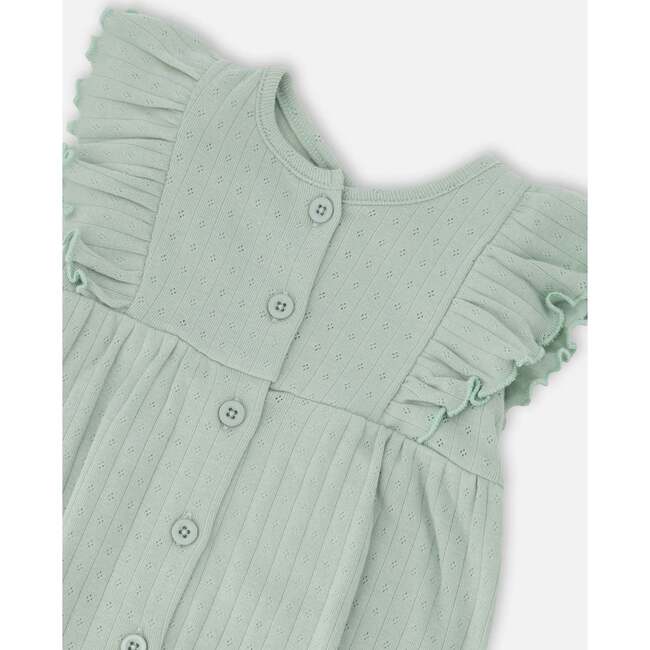 Cotton Pointelle Jersey Romper With Frills, Green - Rompers - 3