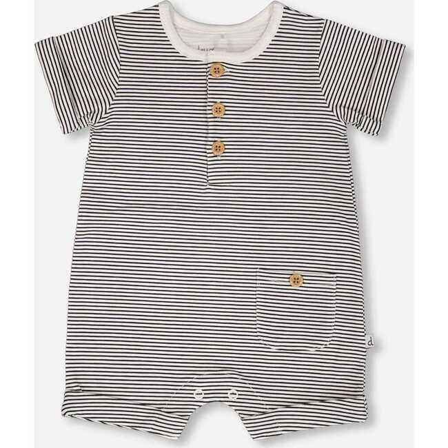 Cotton Jersey Romper, Black & Off White Stripes