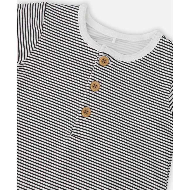 Cotton Jersey Romper, Black & Off White Stripes - Rompers - 3