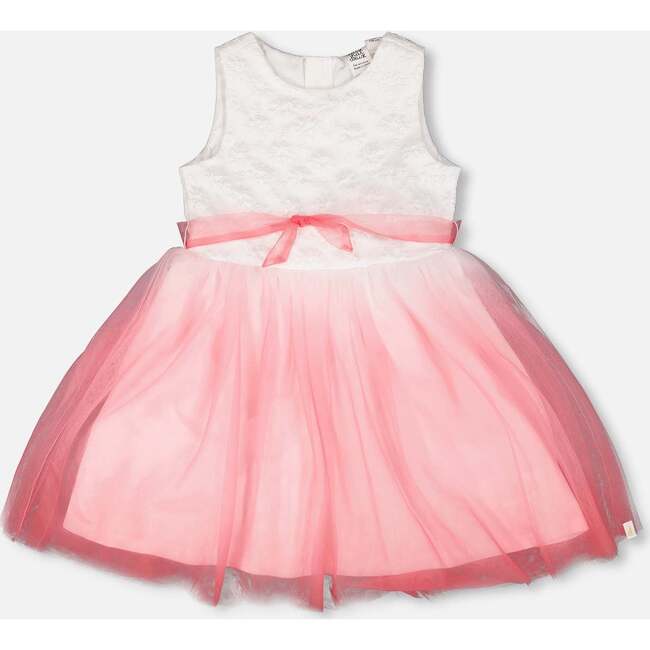 Bi-Material Pleated Mesh Dress, White