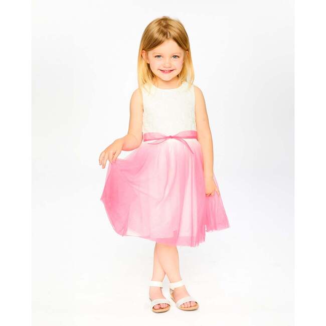 Bi-Material Pleated Mesh Dress, White