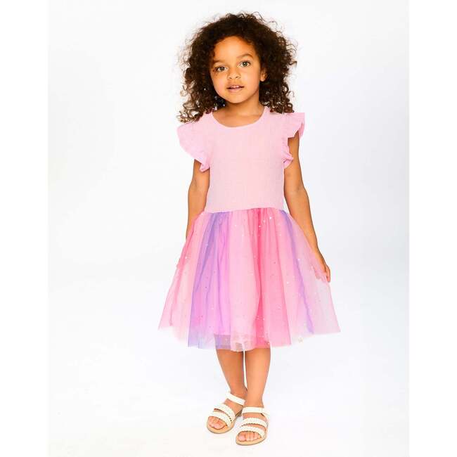 Bi-Material Mesh Dress, Pale Rose