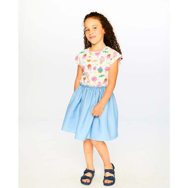 Bi-Material Dress, White Printed With Candies
