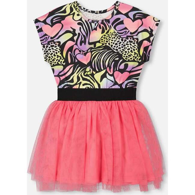 Bi-Material Dress, Black With Multicolored Print