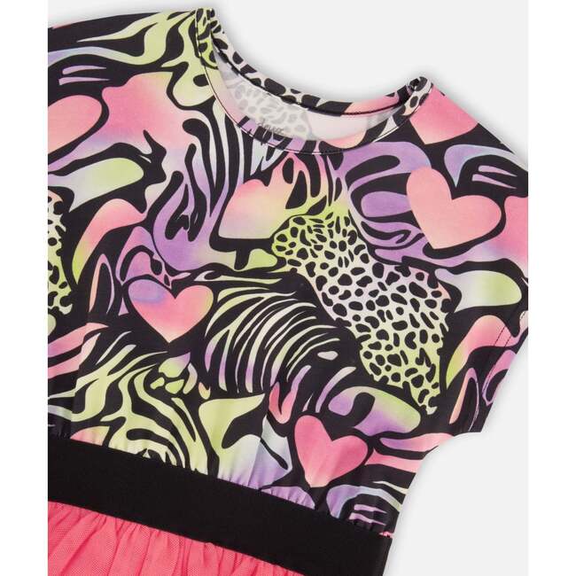 Bi-Material Dress, Black With Multicolored Print - Dresses - 4