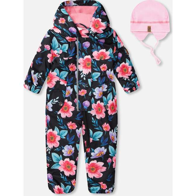 Baby Mid-Season One-Piece Outerwear With Hat Black Printed Flowers, Black Floral Print