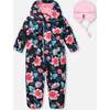 Baby Mid-Season One-Piece Outerwear With Hat Black Printed Flowers, Black Floral Print - Snowsuits - 1 - thumbnail