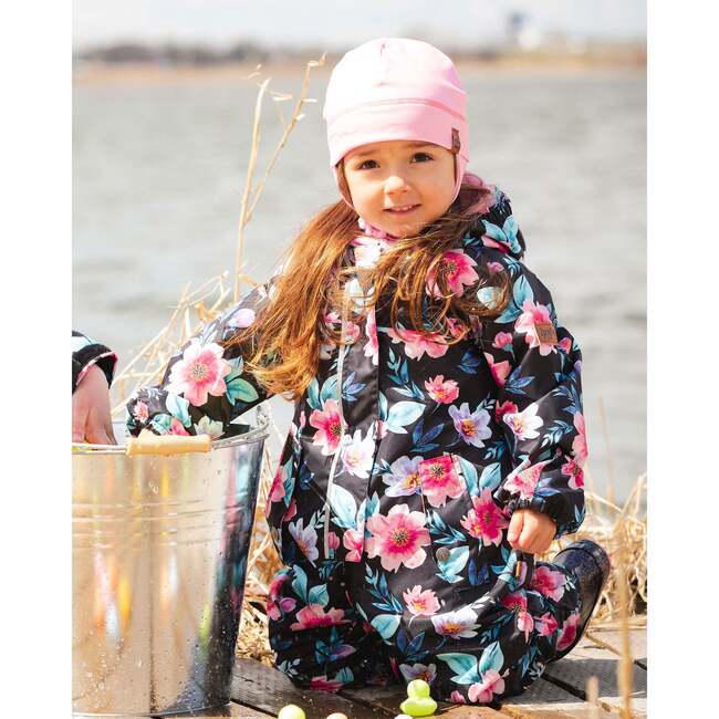 Baby Mid-Season One-Piece Outerwear With Hat Black Printed Flowers, Black Floral Print