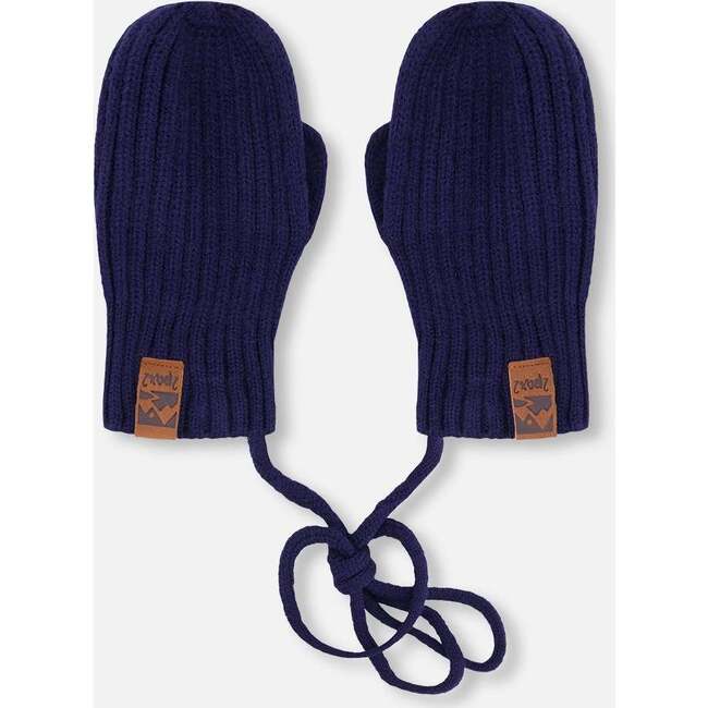 Baby Knit Mittens With Cord, Navy Blue