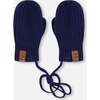 Baby Knit Mittens With Cord, Navy Blue - Gloves - 1 - thumbnail