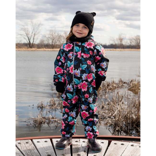 Baby Mid-Season One-Piece Outerwear With Hat Black Printed Flowers, Black Floral Print - Snowsuits - 3
