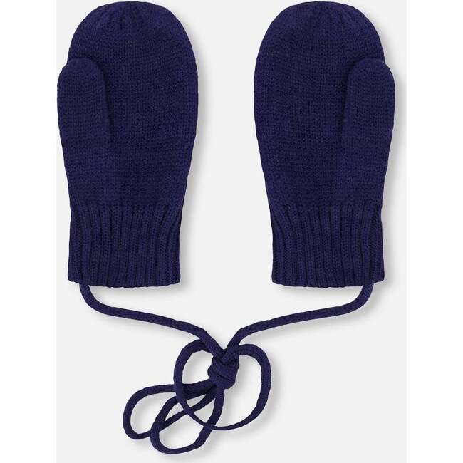 Baby Knit Mittens With Cord, Navy Blue - Gloves - 3