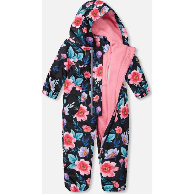 Baby Mid-Season One-Piece Outerwear With Hat Black Printed Flowers, Black Floral Print - Snowsuits - 4