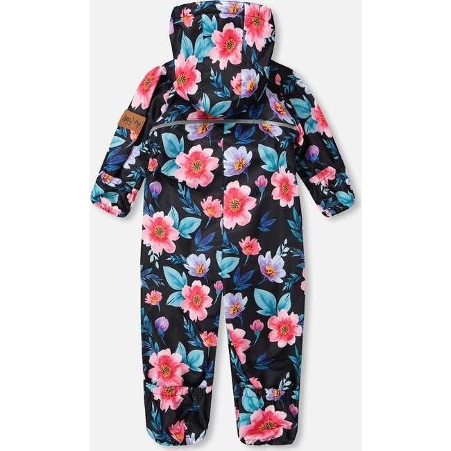 Baby Mid-Season One-Piece Outerwear With Hat Black Printed Flowers, Black Floral Print - Snowsuits - 5