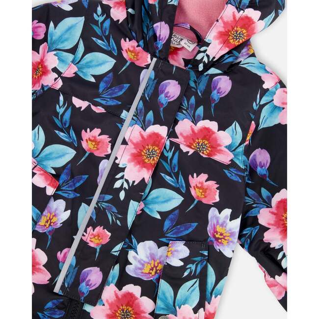 Baby Mid-Season One-Piece Outerwear With Hat Black Printed Flowers, Black Floral Print - Snowsuits - 6