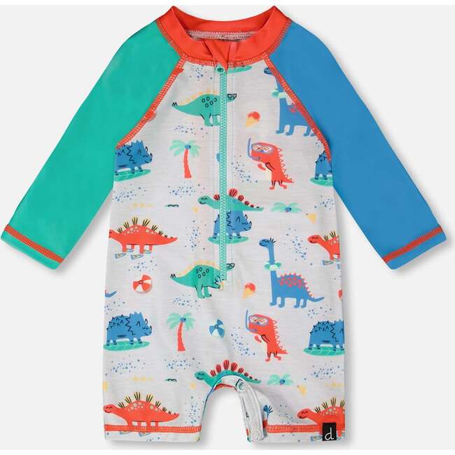 Baby And Toddler One-Piece Long Sleeve Rashguard, Grey Printed Baby Dinosaurs