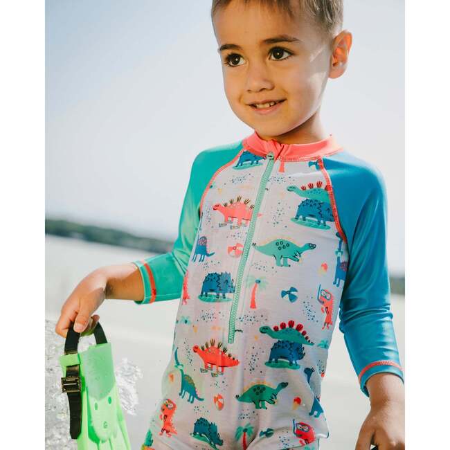 Baby And Toddler One-Piece Long Sleeve Rashguard, Grey Printed Baby Dinosaurs