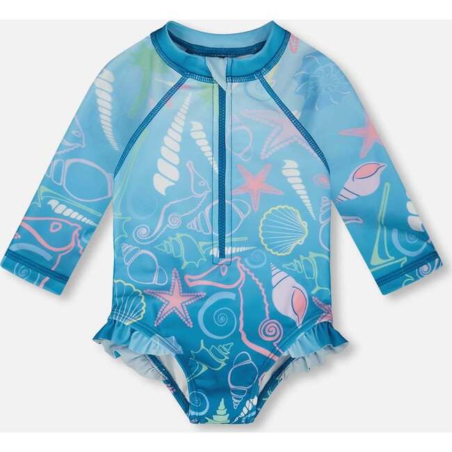 Baby And Toddler One-Piece Long Sleeve Rashguard, Blue Seashell Print