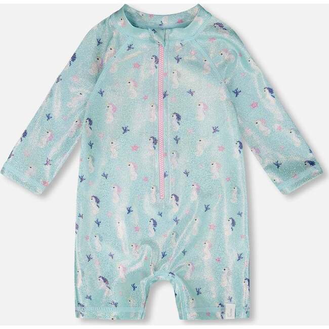 Baby And Toddler One-Piece Long Sleeve Rashguard, Blue Seahorse Print
