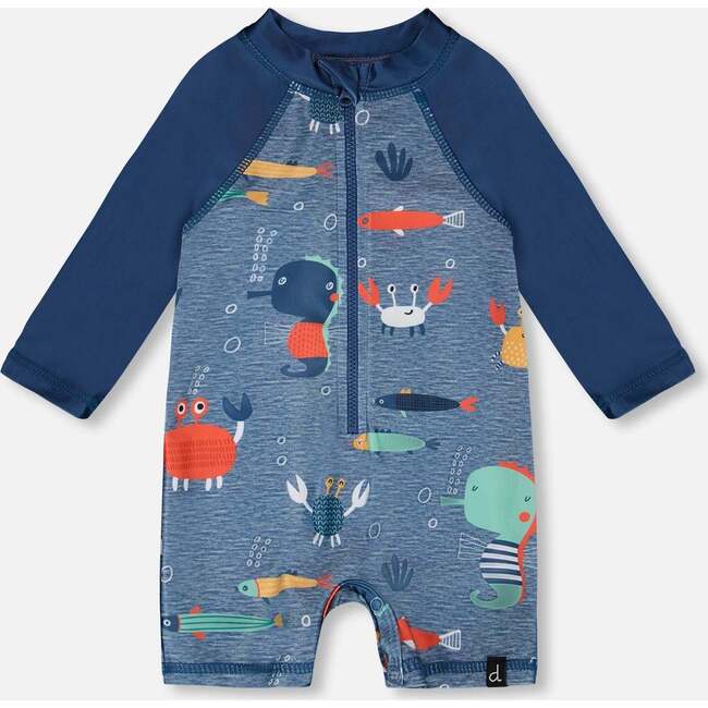 Baby And Toddler One-Piece Long Sleeve Rashguard, Blue Printed Marine Animals