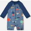 Baby And Toddler One-Piece Long Sleeve Rashguard, Blue Printed Marine Animals - One Pieces - 1 - thumbnail