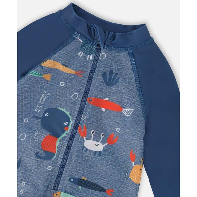 Baby And Toddler One-Piece Long Sleeve Rashguard, Blue Printed Marine Animals - One Pieces - 5