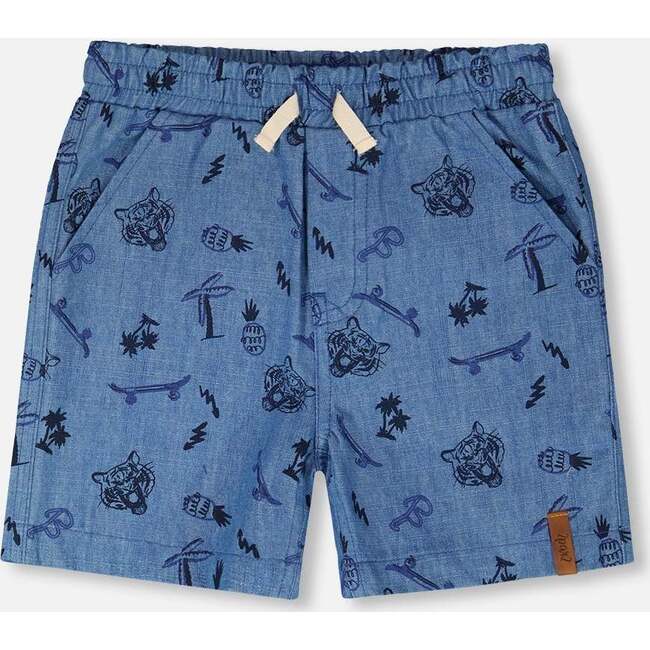 Chambray Shorts, Blue Chambray Printed Skate Boards