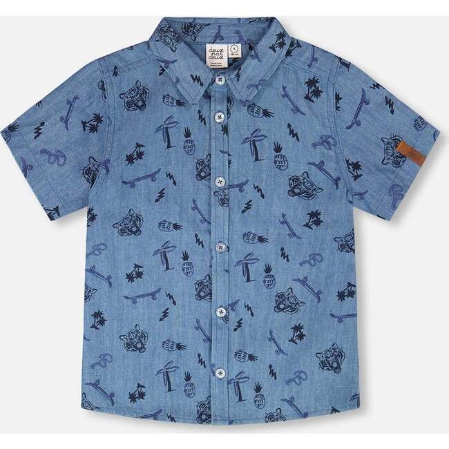 Chambray Short-Sleeve Shirt, Blue Chambray Printed Skate Boards
