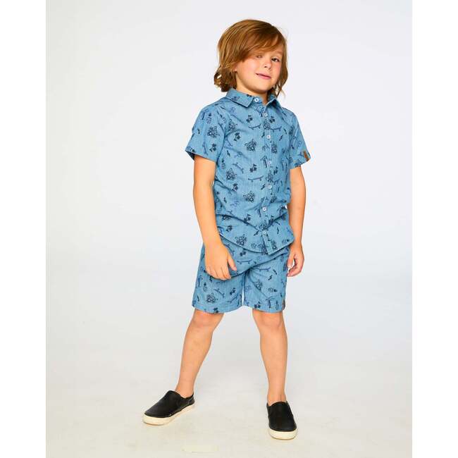 Chambray Shorts, Blue Chambray Printed Skate Boards